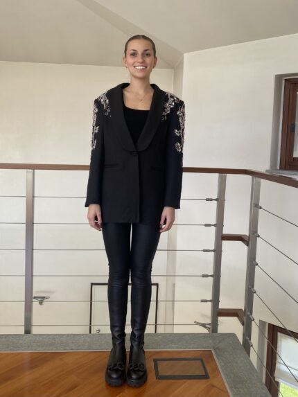 Blazer Nero Monopetto con Ricami in Strass